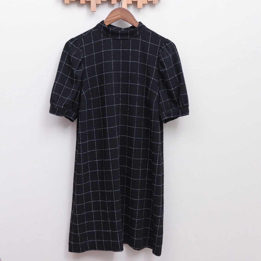 Loft Black White Windowpane Plaid Mock Neck Puff Sleeve Shift Dress Size 8